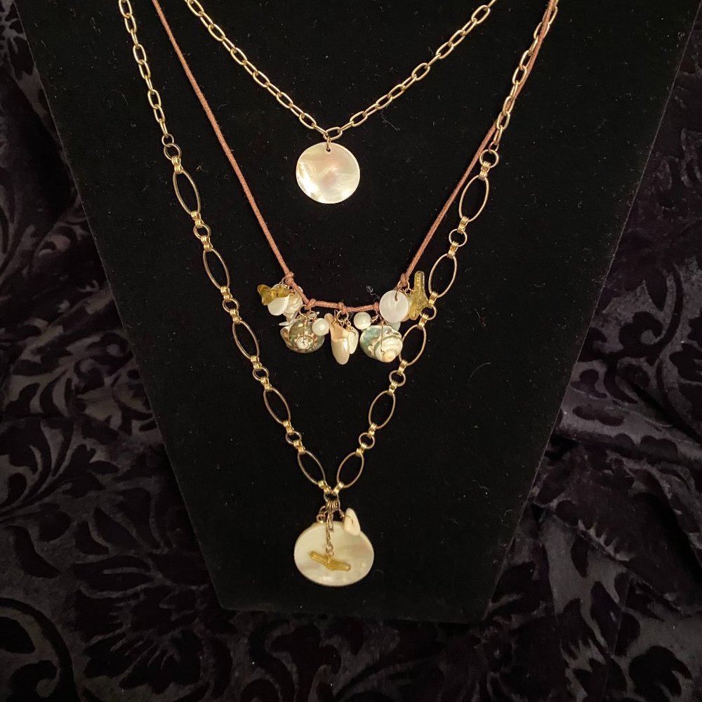 3 Strand Gold Tone & Leather Charm Necklace *New